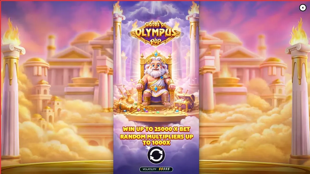 Interface do jogo Gates of Olympus POP com Zeus e símbolos de pedras preciosas